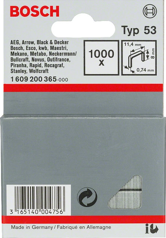 Klamerka për tacker Bosch Typ 53, 1000 copë, 11.4 mm x 8 mm