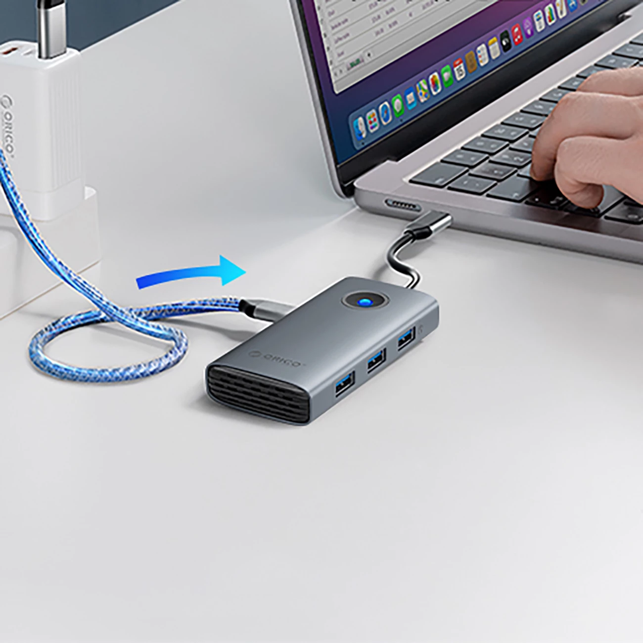 Kasë Orico PW11-6P, 6 porte, USB-C Hub, 3x USB-A 3.0, 1x USB-C 3.0, 1x HDMI, 100W PD, Gri