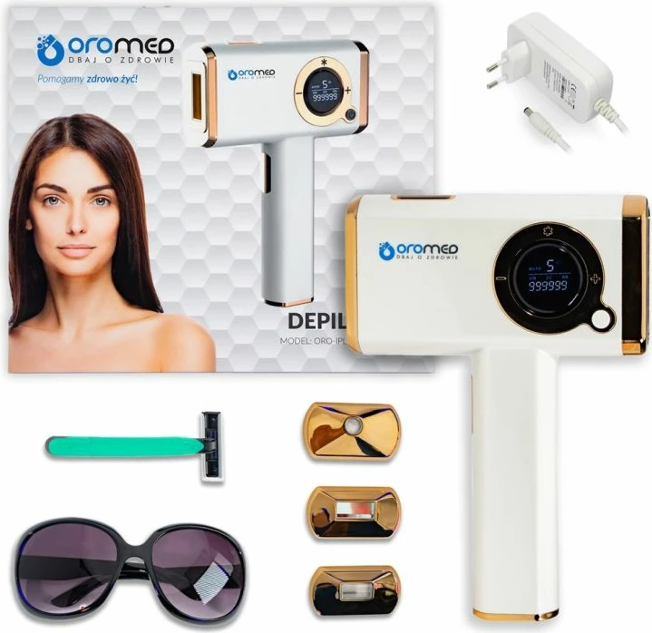 Epilator laser oromed ORO-IPL ICE, i bardhë dhe i artë, set me 3 koka