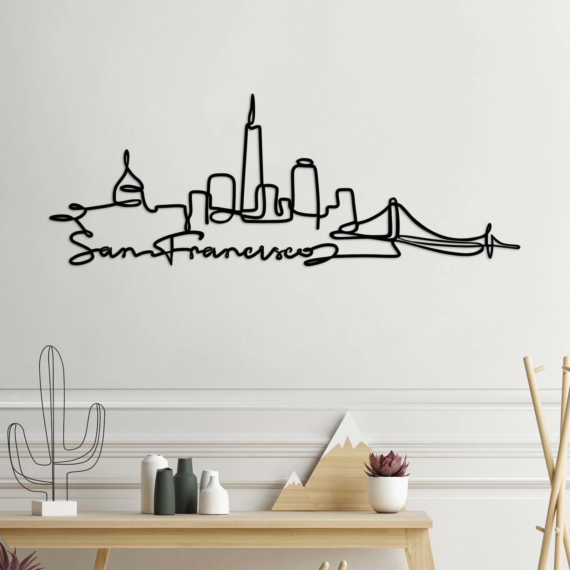 Aksesor dekorativ metalik për mur, skyline San Francisco, ngjyrë e zezë