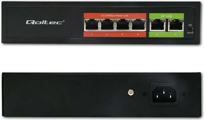 Switch, Qoltec 52289, 6x RJ45 10/100Mb/s (4x PoE 802.3af, total 65W), 2x RJ45 Uplink, Plug & Play, metal, e zezë