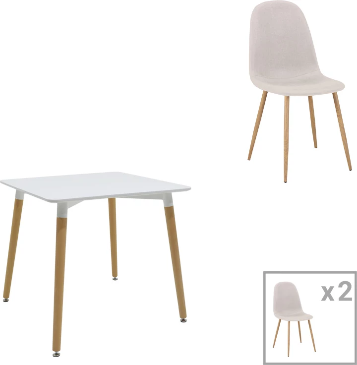 Set tavoline me dy karrige Bella-Natali, MDF e bardhë, këmbë natyrale, 80x80x76cm