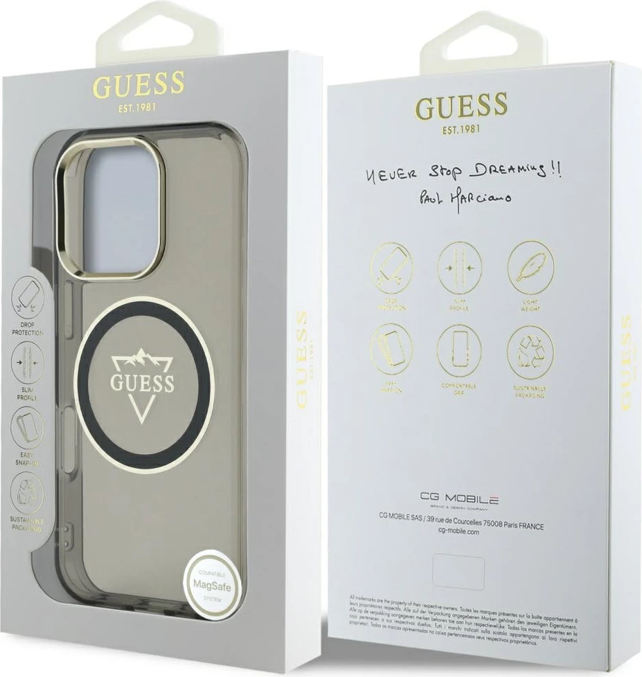 Mbështjellës Guess IML Metal Mountain Logo MagSafe për iPhone 16 Pro Max, zi