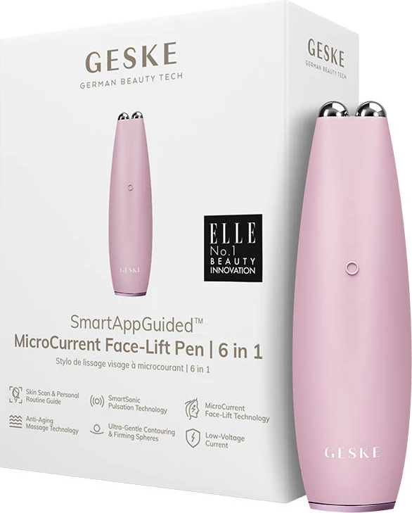 Pajisje për lifting të fytyrës me mikro-rrymë Geske MicroCurrent Face-Lift Pen 6 in 1, me aplikacion, rozë