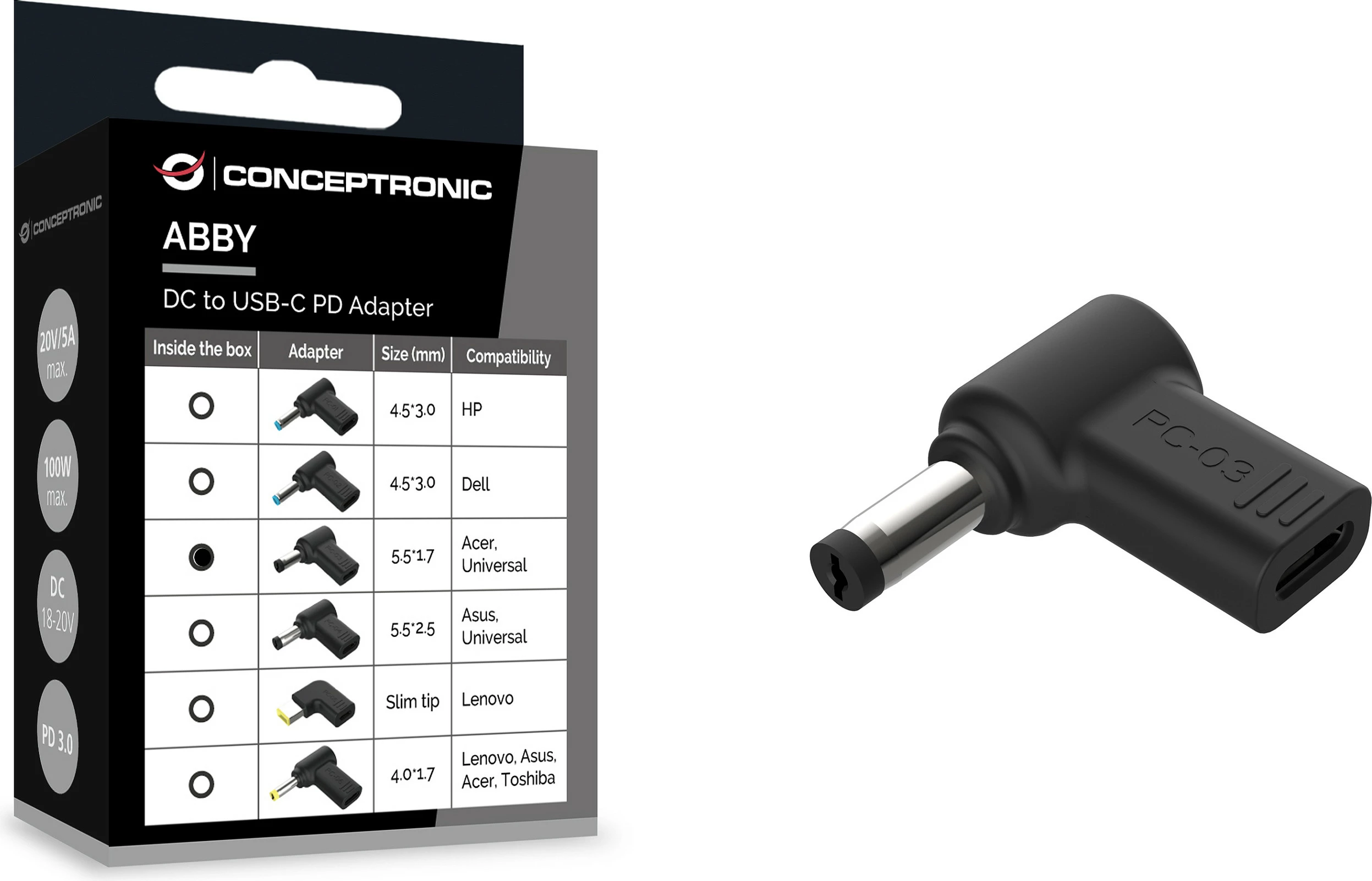 Adapter Conceptronic USB-C PD100W në 5.5x1.7mm për Acer, i zi