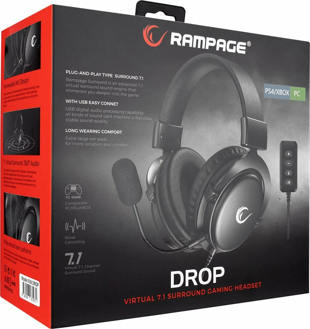 Kufje gaming Rampage R36 Drop 7.1, me kabllo, mikrofon, 50 mm, të zeza