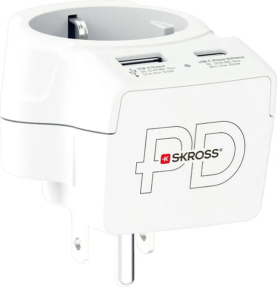 Adapter prizash SKROSS Europe to US AC20PD, USB-C PD + USB-A, i bardhë