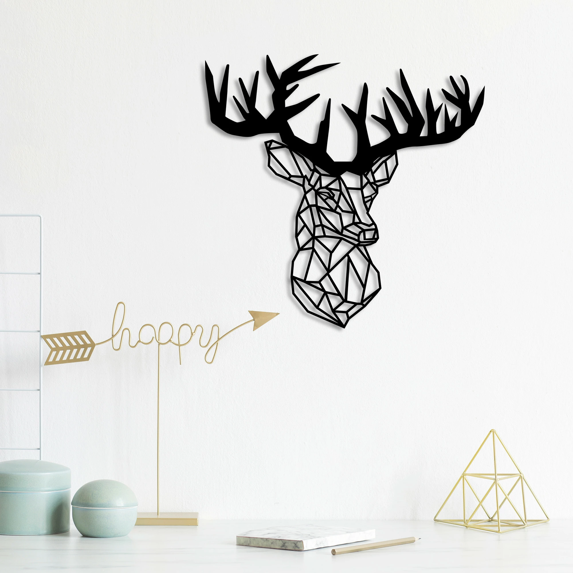 Aksesor dekorativ metalik për mur, Wallity, Deer3, ngjyrë e zezë, 50x49cm
