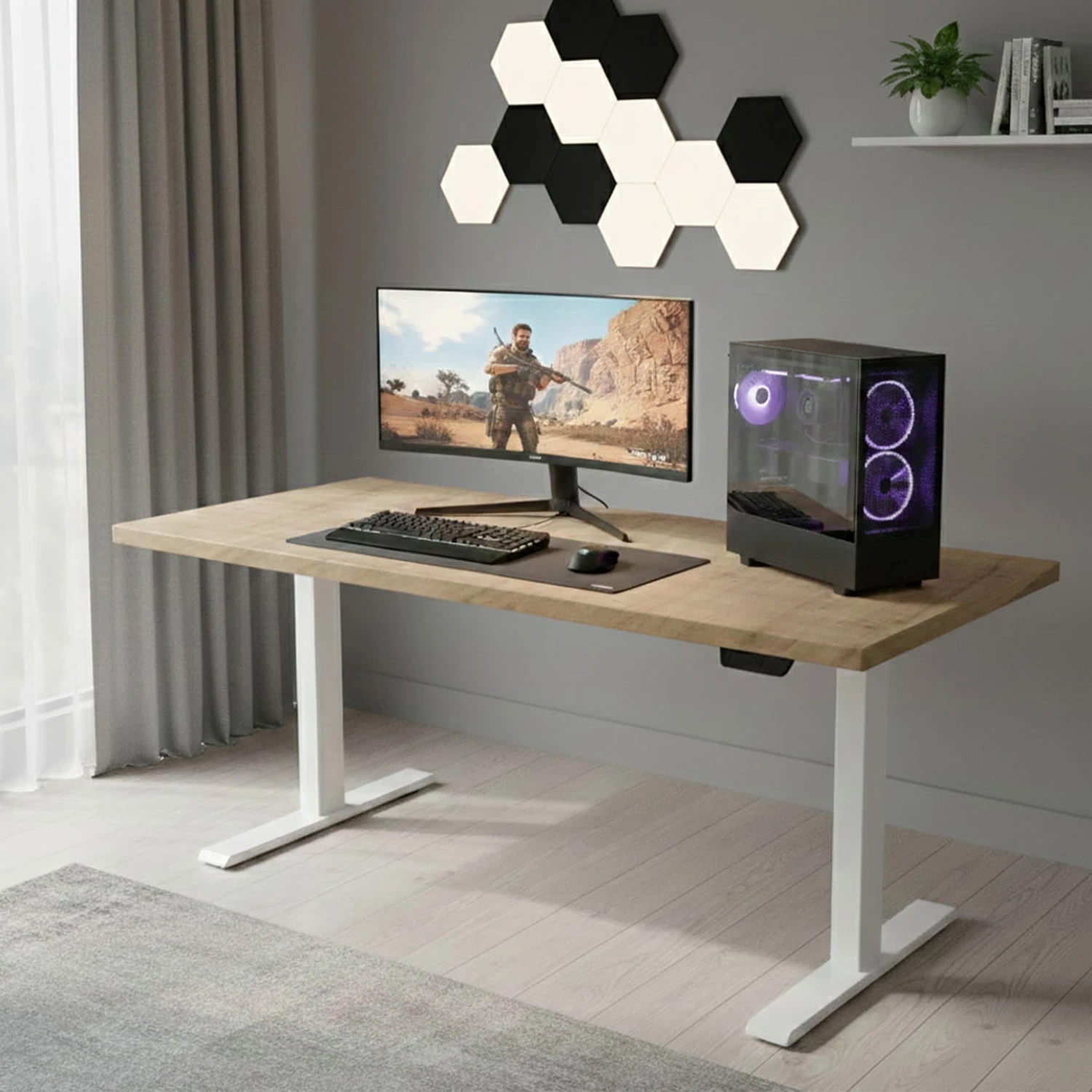 Tavolinë elektrike ngritje-ulje UVI Lite V2 139x68cm (Chalet Oak), kornizë e bardhë