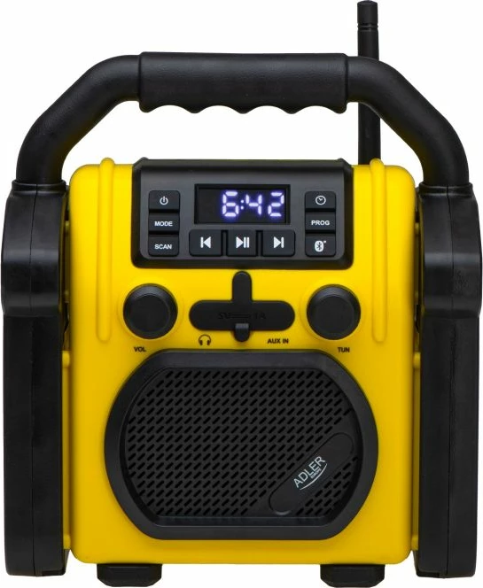 Radio portative ADLER AD1911, Bluetooth 5.1, FM, 10 W, IPX54, AUX, furnizim me rrymë ose 6x R14, verdhë/zezë