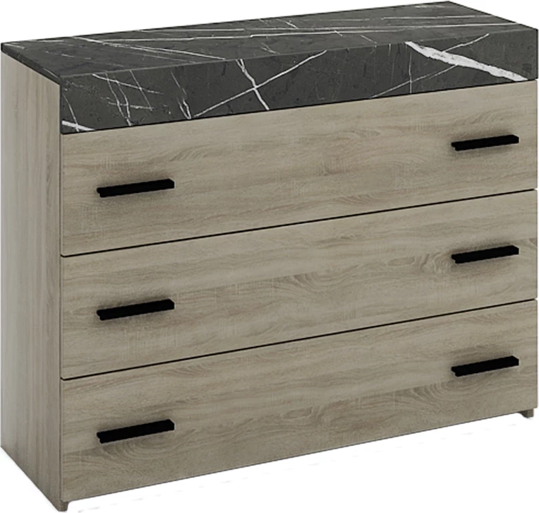 Komodë METROPOLIS me 3 sirtarë, ngjyrë sonoma e errët, sipërfaqe gur, 105x45x78cm