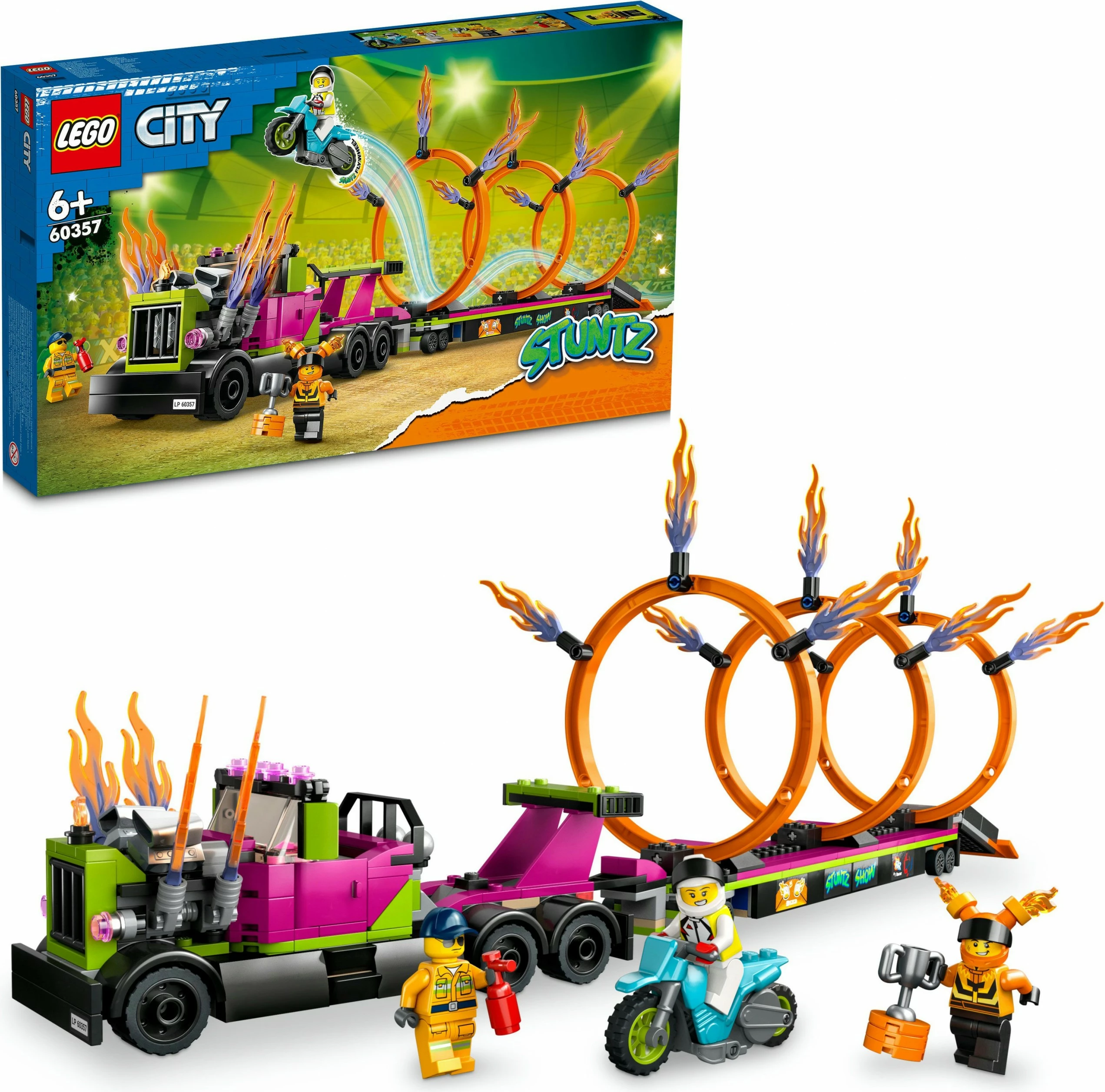 Set ndërtimi LEGO City Stunt Truck & Ring of Fire Challenge, 479 pjesë, shumëngjyrësh