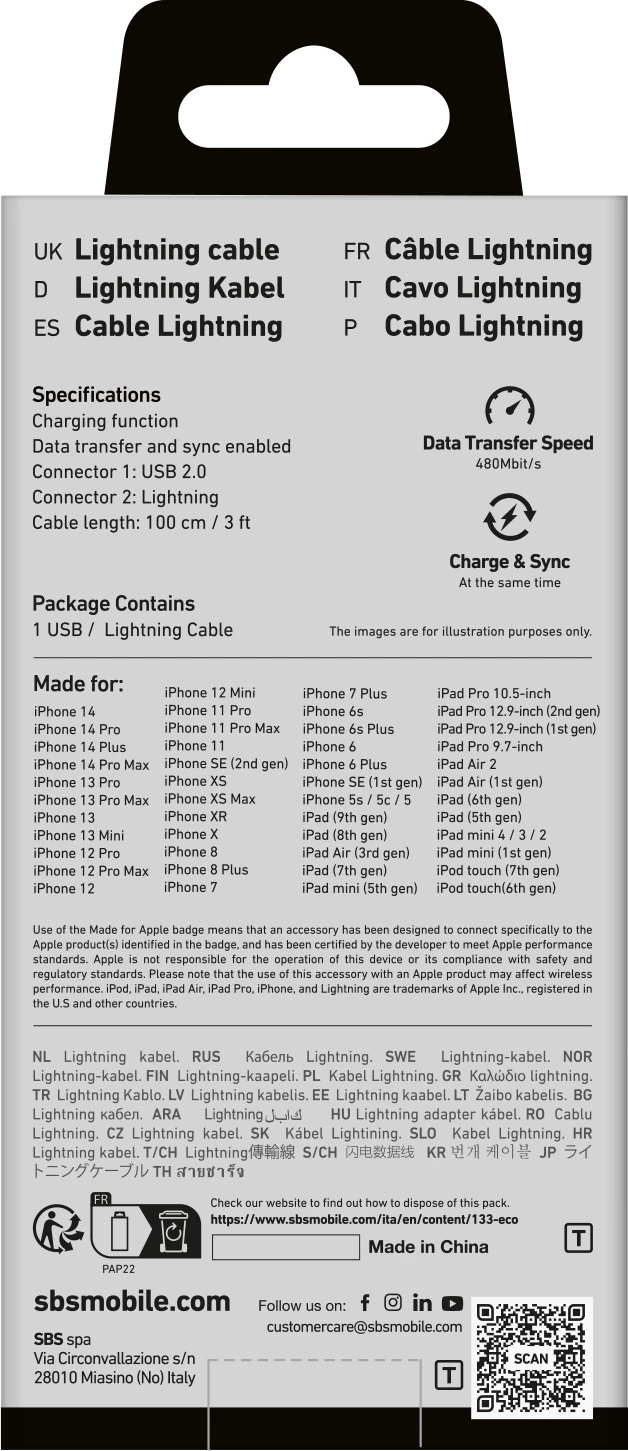 Kabllo USB-A në Lightning SBS TECABLEUSBIP589A, 1 m, Kaltër