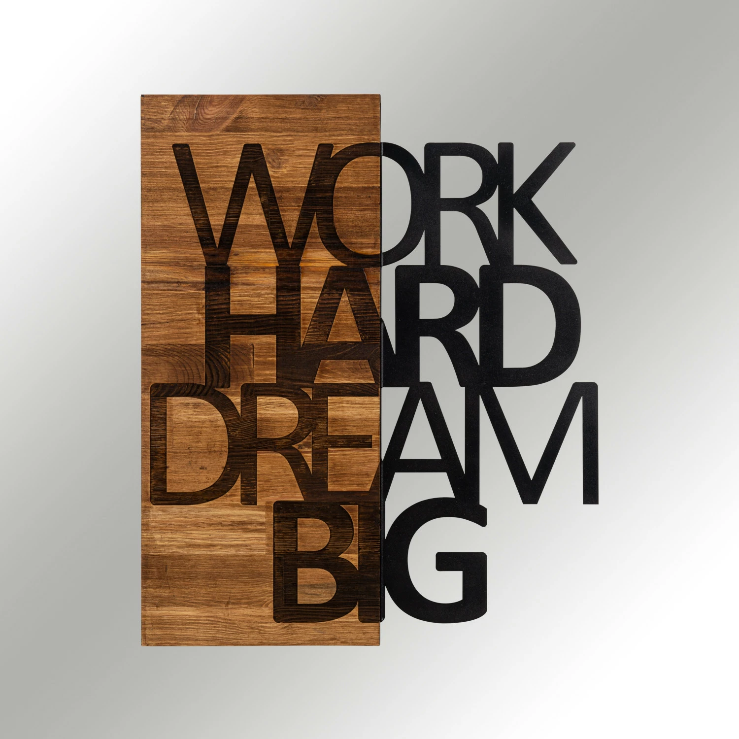 Aksesor dekorativ për mur, dru, Work Hard Dream Big, ngjyrë e zezë dhe arre, 48x58cm