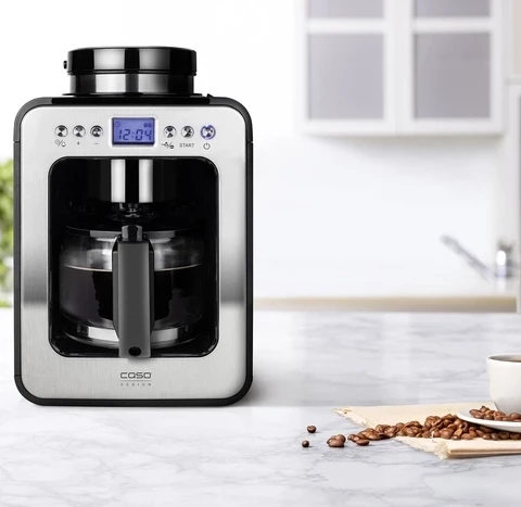 Aparat kafeje CASO Coffee Compact electronic 1848, 600W, 4 filxhanë, mulli burr, LCD me timer, filtër permanent, enë qelqi, çelik inox/zi