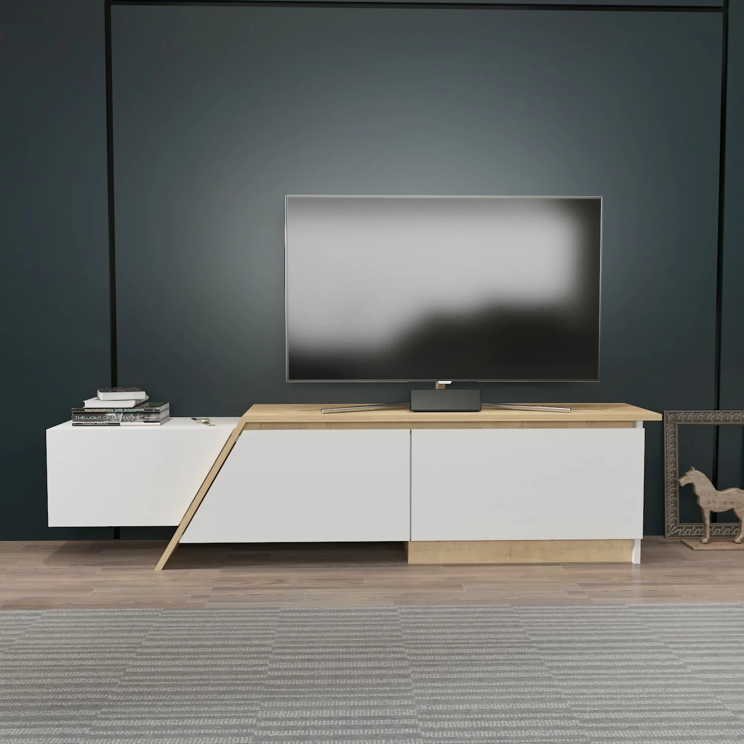 Komodë TV Skye Decor, Zonas, e bardhë dhe lis safir