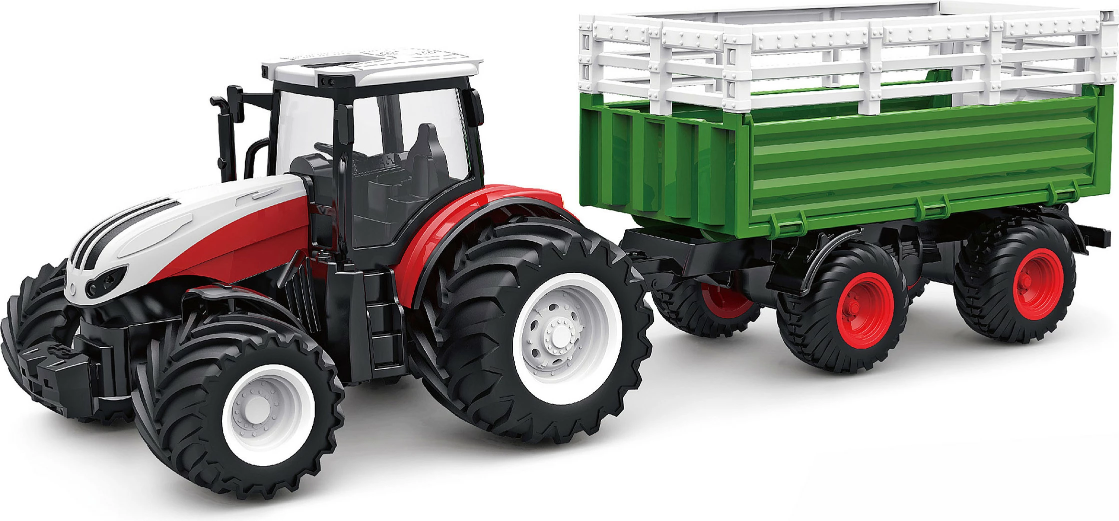 Traktor lodër RC AMEWI 22601, 1:24, 2.4 GHz, bateri 500 mAh, me drita, kuq/bardhë/zi + rimorkio e gjelbër