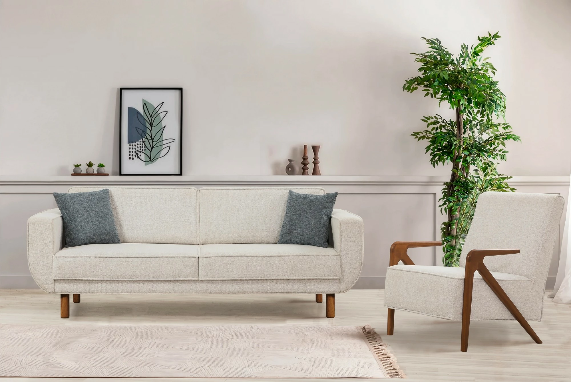 Set divan-krevat Larus Wood, ngjyrë arre dhe krem