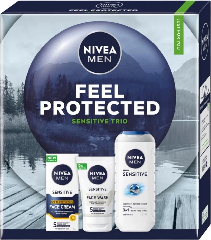 Set për meshkuj Nivea Men Feel Protected 3-në-1 Shower Gel 250ml + Facial Cleansing Gel 100ml + Krem Hidratues SPF15 75ml
