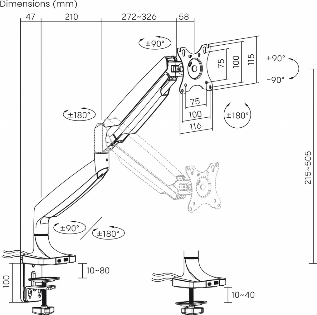 Mbajtëse tavoline me gaz për monitor ART RAMM L-35HD, 17-45", 1xUSB-A 3.0, 1xUSB-C, Gri/Argjend