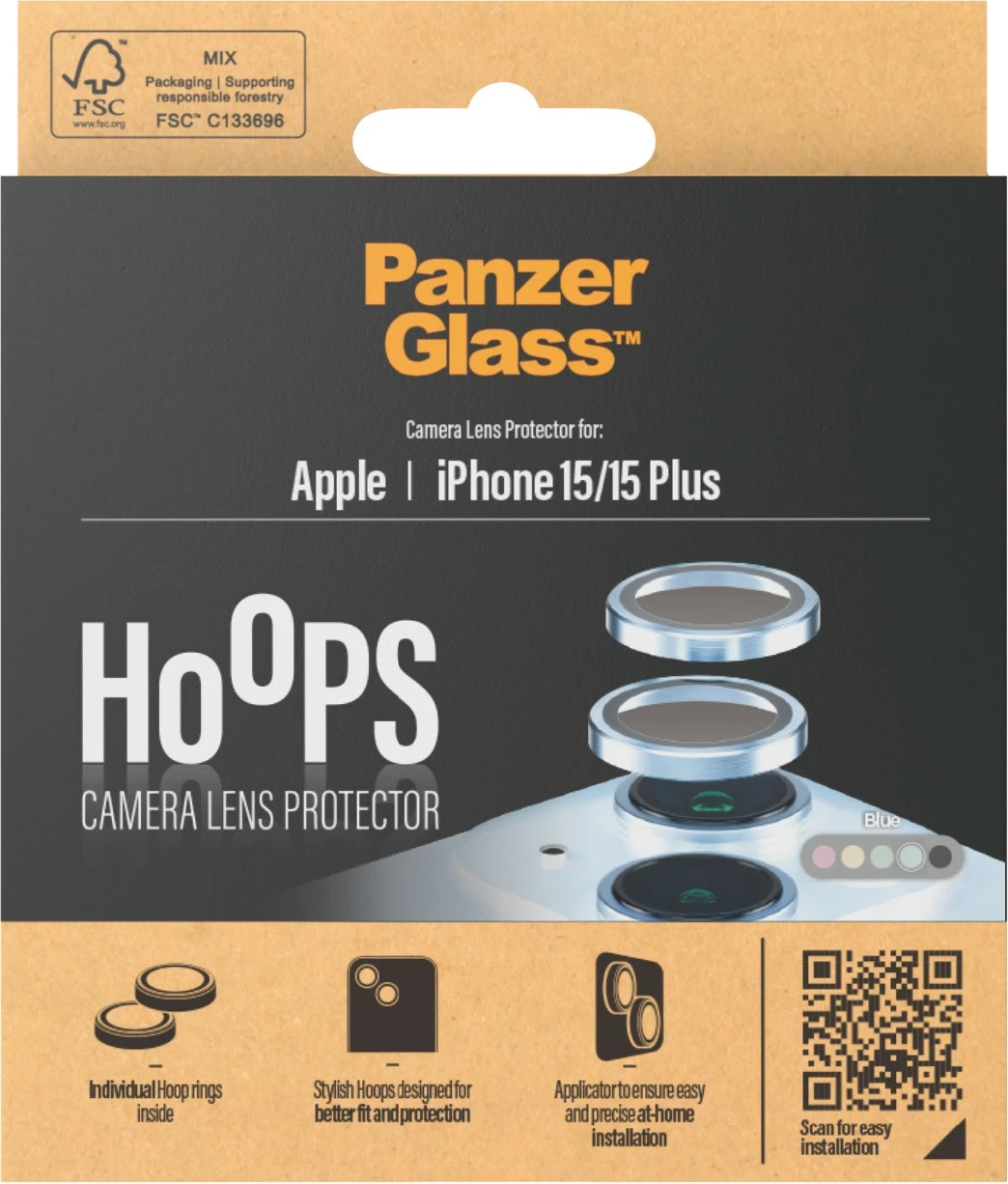 Mbrojtës kamere PanzerGlass për iPhone 15/15 Plus, xham i temperuar, blu