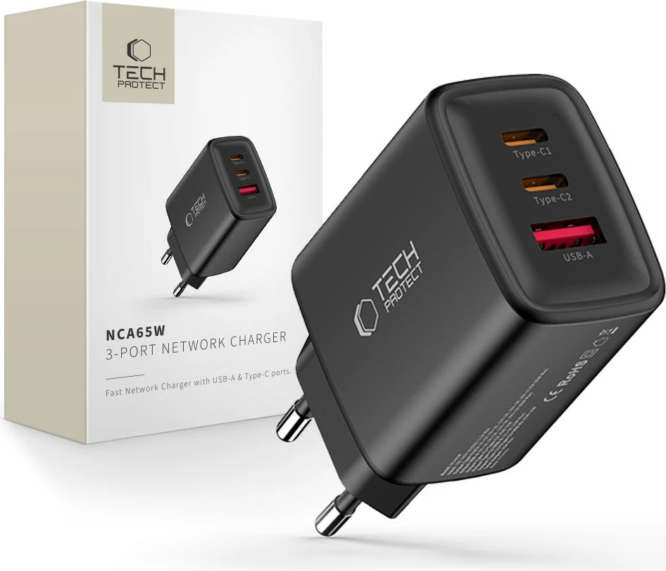 Karikues muri Tech-Protect NCA65W-GAN 65W GaN 3-port (2x USB-C/1x USB-A) PD/QC 3.0, i zi, set me kabllo USB-C 1m