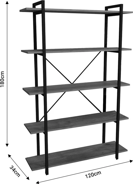 Raft librash Reson, melaminë antracit, metal i zi, 120x34x180cm