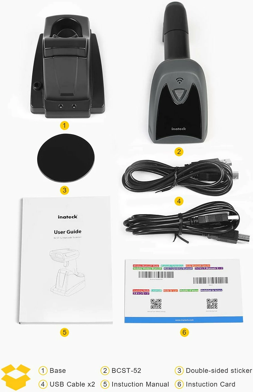 Skaner barkodi Inateck BCST-52, 1D/2D, Bluetooth/USB, me bazë karikimi, zi/hiri/verdhë