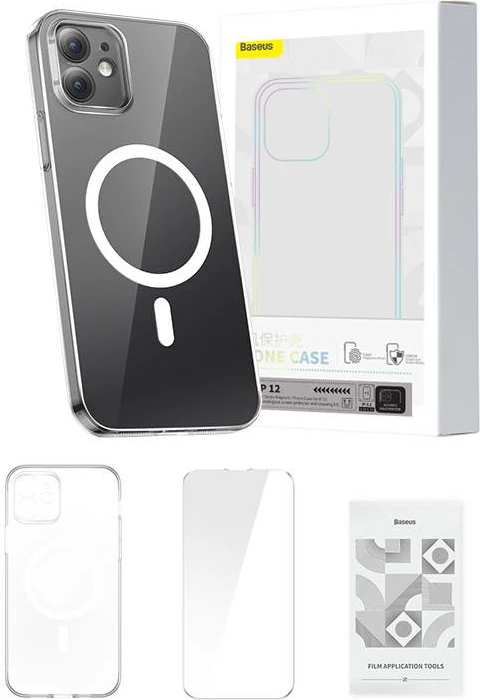 Mbështjellës Baseus Magnetic Crystal Clear për iPhone 12, transparent, me xham të temperuar dhe set pastrimi