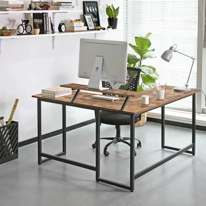 Tavolinë kompjuteri këndore L-shape VASAGLE/SONGMICS ALINRU LWD56X, 140×130 cm, me raft monitori, kafe rustike/zezë