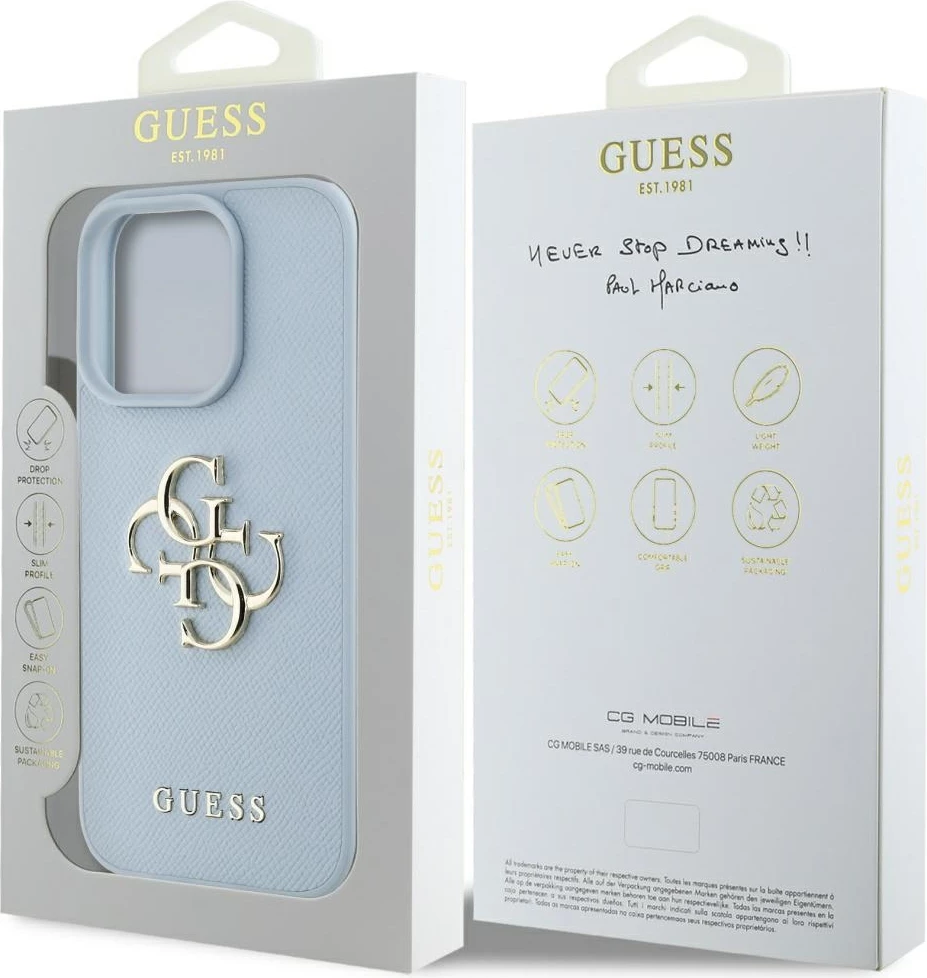 Mbështjellës Guess Grained Big 4G Logo Small Classic Logo për iPhone 16 Pro, kaltër