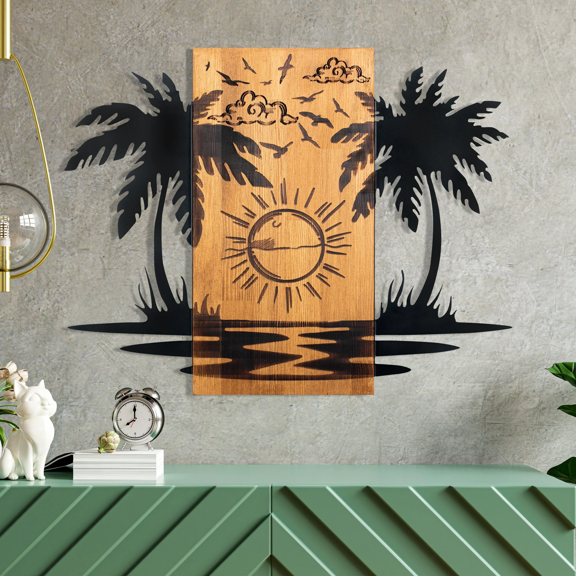 Aksesor dekorativ muri, dru dhe metal, Hawaii 2, ngjyrë e zezë dhe arre, 74x57.5cm