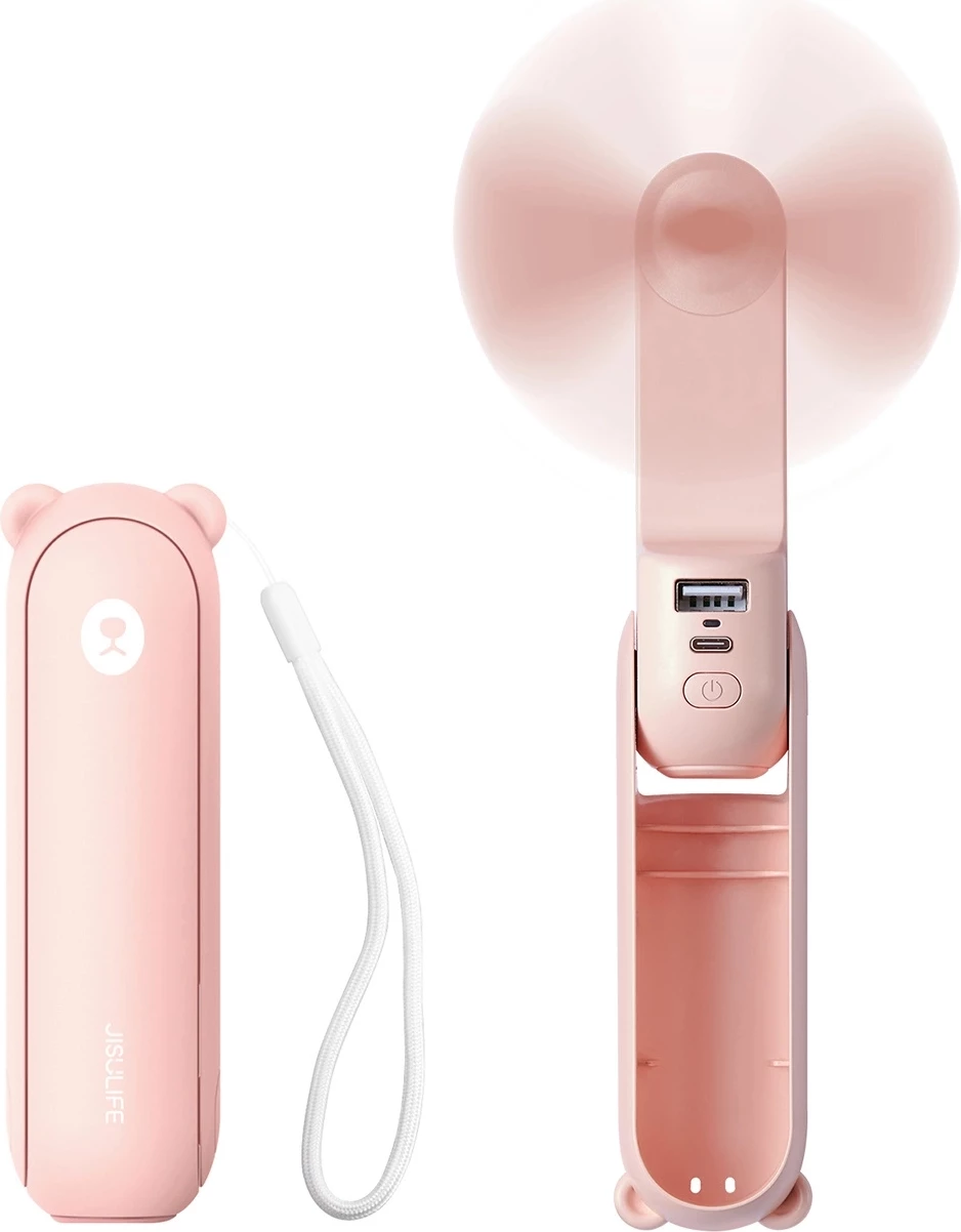 Ventilator dore portativ Jisulife Life8 Plus 4500mAh 3-në-1 (fan + power bank + dritë LED) Rozë, me kabllo USB-C dhe rrip