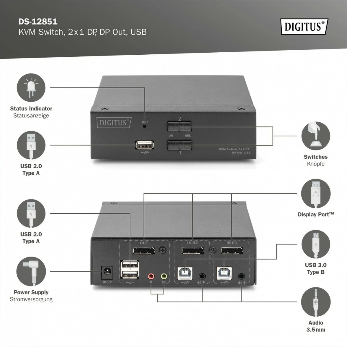 Switch KVM, Digitus DS-12851, 2 porta, 4K 60Hz, 2xDisplayPort IN, 1xDisplayPort OUT, 2xUSB, Audio IN & OUT