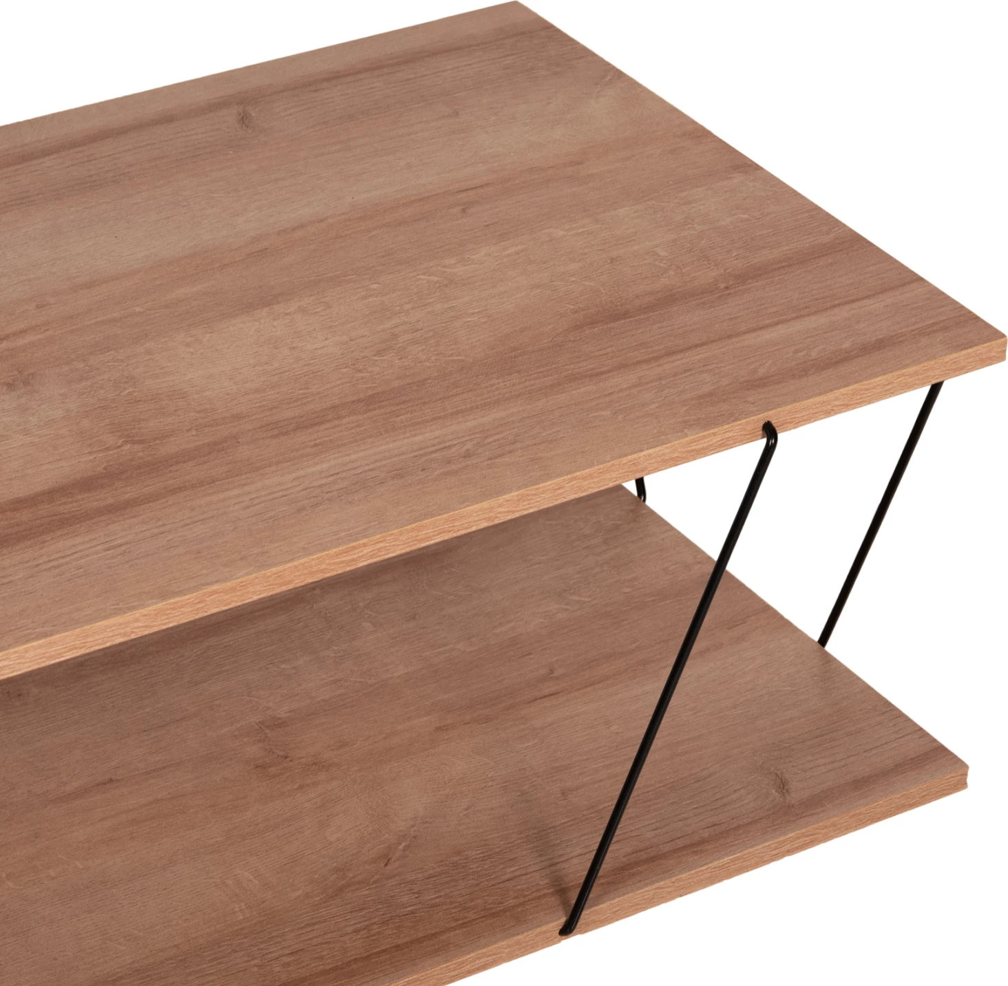 Tavolinë kafeje TARS, ngjyrë lisi natyral, melaminë, shufra metali të zeza, 120x50x30H cm