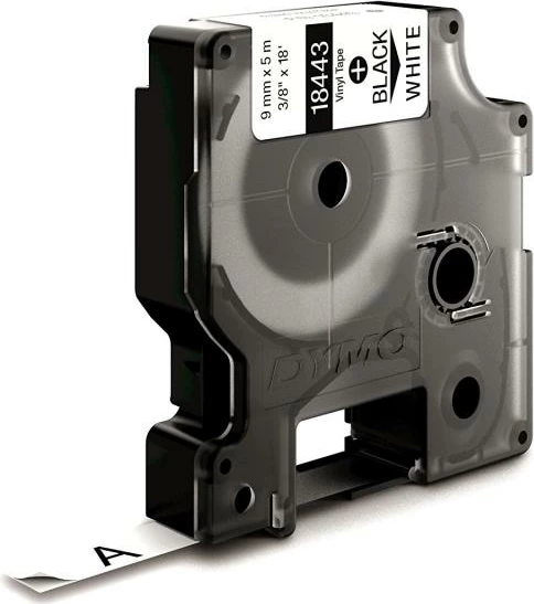 Shirit etiketime vinil, Dymo, 18443 S0718580, 9mm x 5.5m, e zezë në të bardhë
