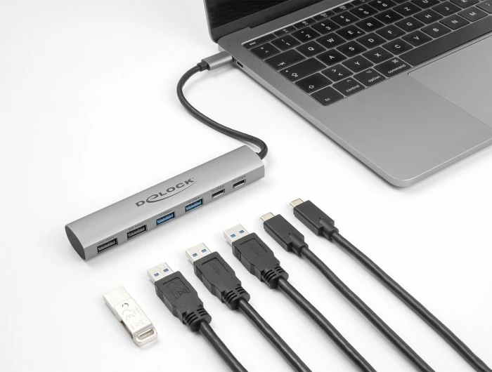 USB hub DeLOCK 6 porta, alumini, USB 3.2 Gen 1, Type-A + Type-C, gri