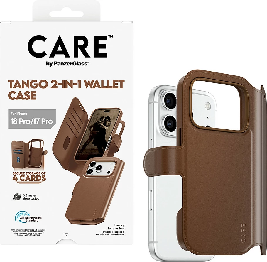 Mbështjellës PanzerGlass CARE Tango 2-në-1 Wallet Case, MagSafe, për iPhone 17 Pro, kafe