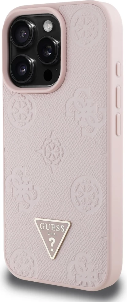 Mbështjellës Guess Grained Hot Stamp Peony Triangle Logo MagSafe për iPhone 16 Pro, Rozë