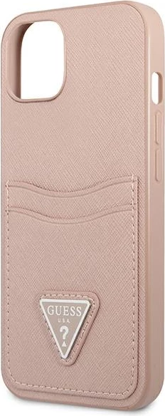 Mbështjellës Guess GUHCP13MPSATPP për iPhone 13, hardcase, Saffiano Triangle, me hapësirë për kartela, rozë
