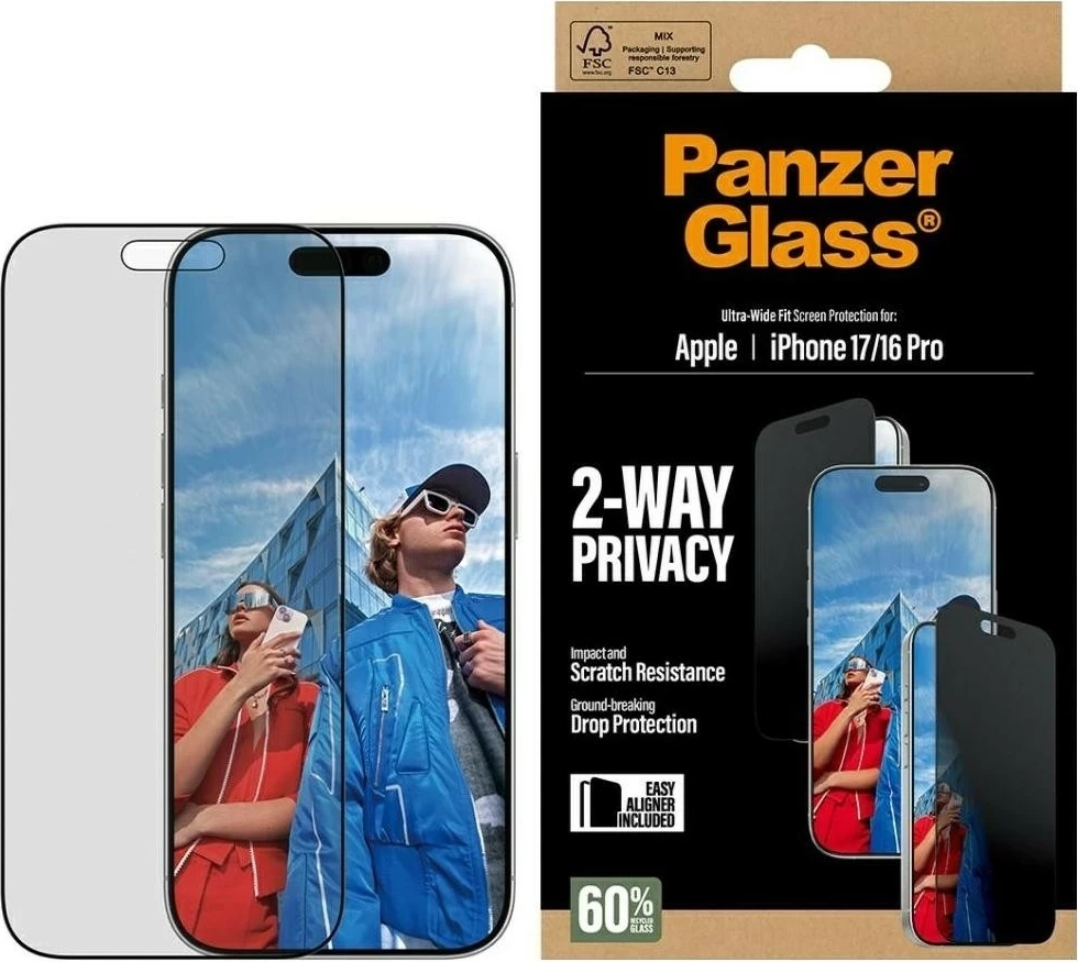 Mbështjellës xhami privatësie PanzerGlass Ultra-Wide Fit për iPhone 16 Pro/17, e zezë