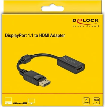 Adapter DeLOCK DisplayPort 1.1 (mashkull) në HDMI (femër), pasiv, 0.15 m, i zi