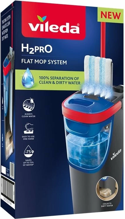 Mop i sheshtë Vileda H2prO me kovë, mikrofibër, shtrydhëse, shufër teleskopike, i zi
