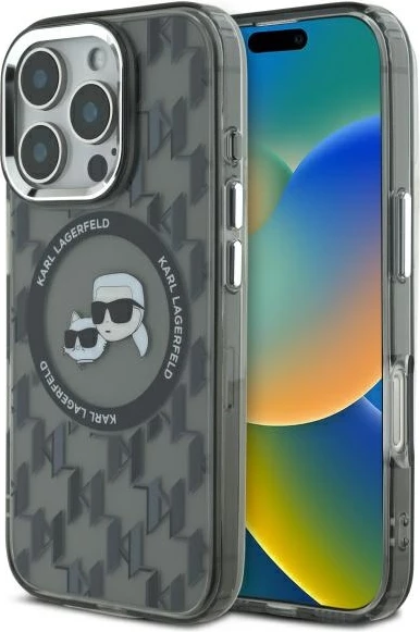 Mbështjellës Karl Lagerfeld IML Monogram Karl & Choupette Head MagSafe për iPhone 16 Pro, i zi