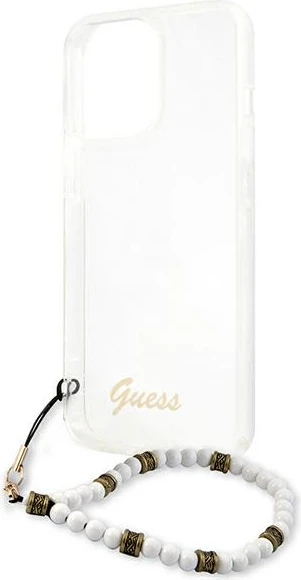 Mbështjellës Guess GUHCP13LKPSWH për iPhone 13/13 Pro 6.1", Transparent, me varëse perlë