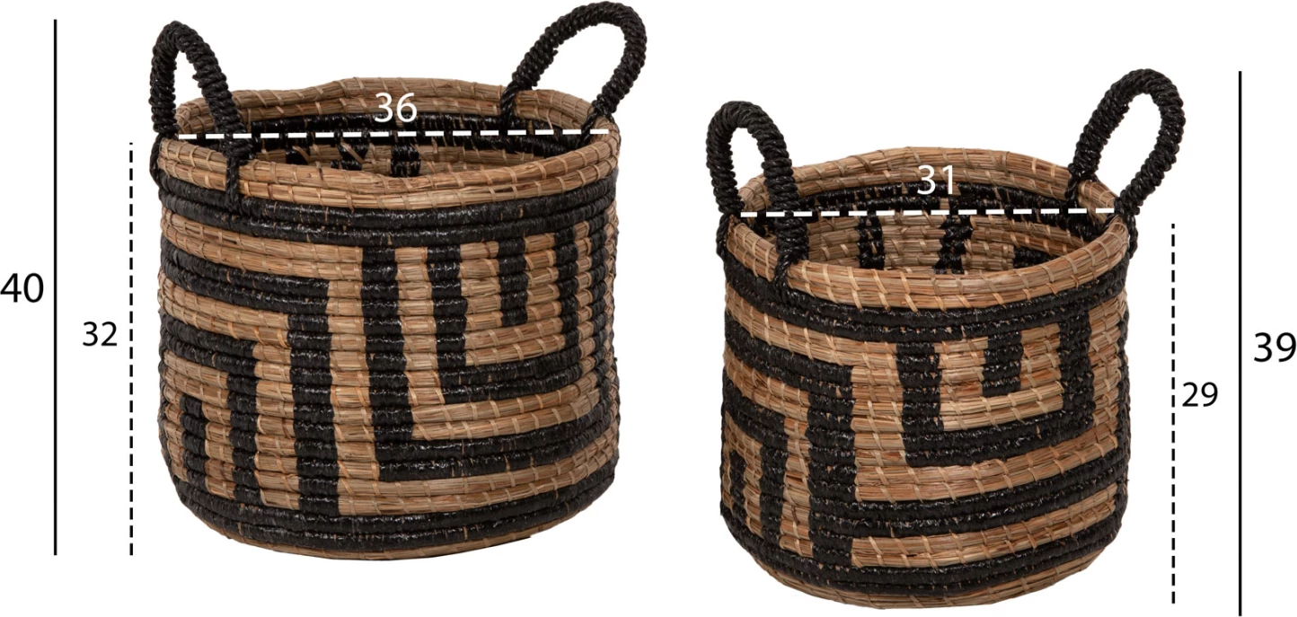 Set dekorativ me 2 shporta, bari Mendong, ngjyrë natyrale-e zezë, FH7846.02, Φ36x32-40H cm