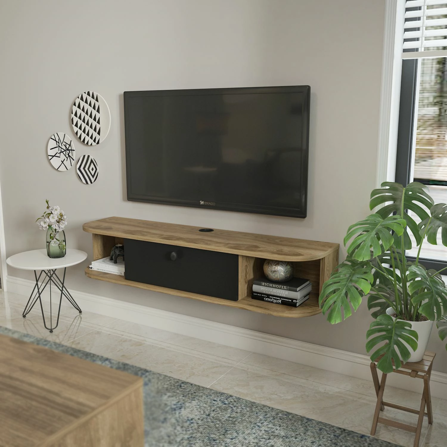 Komodë TV Skye Decor, ngjyrë e zezë dhe lisi Oud, Ibarra