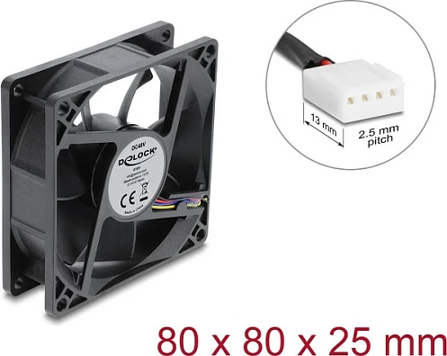 Ventilator për kasë DeLOCK 80 x 80 x 25 mm, 48V DC, 4-Pin PWM, i zi