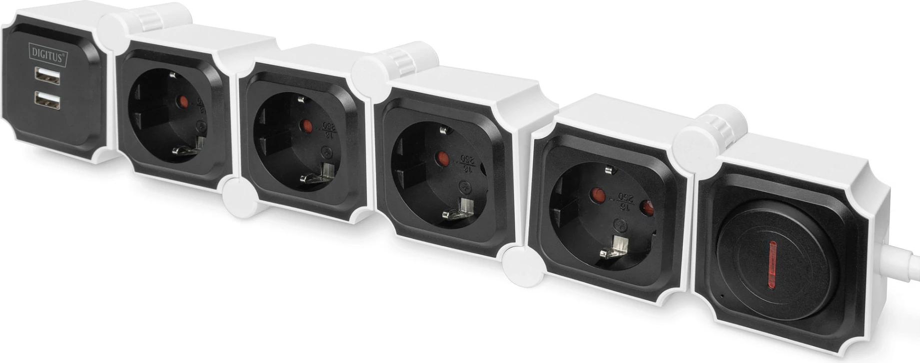 Shirit prizash Digitus 4x Schuko + 2x USB, kabllo 1.6 m, me ndërprerës, bardhë/zi