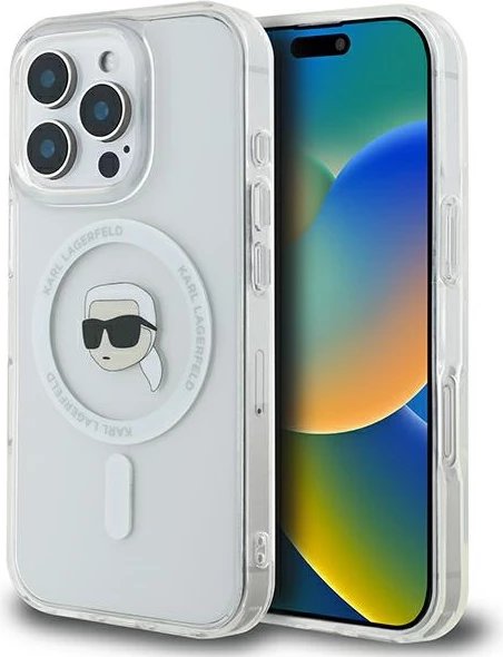 Mbështjellës Karl Lagerfeld IML Metal Karl Head MagSafe për iPhone 16 Pro, Bardhë